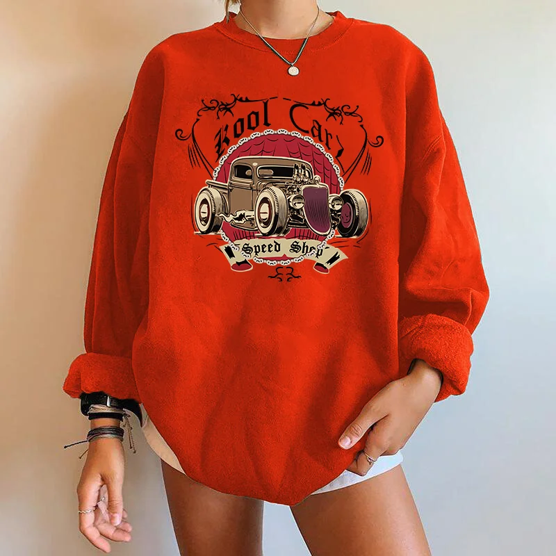 Vintage Car Print Women Sweartshirts Long Sleeve Crew Drop Shoulder Swearshirts Streetwear Vintage Tops Las Mujeres Sweetshirts