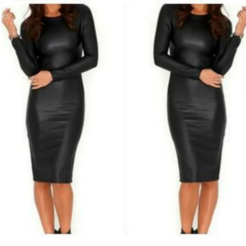 

Women's fashion dress PU leather long sleeve round neck sexy tight dress 4XL plus size dress