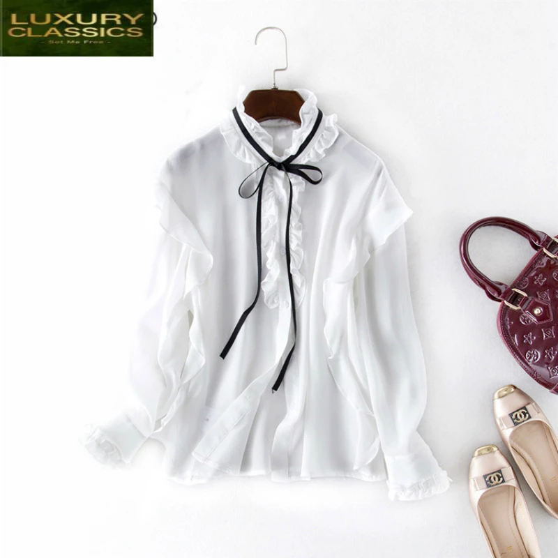 Blouse Real Silk White Spring Autumn Womens Tops and Blouses Korean Fashion Clothing Streetwear Long Sleeve Shirt LWL1629