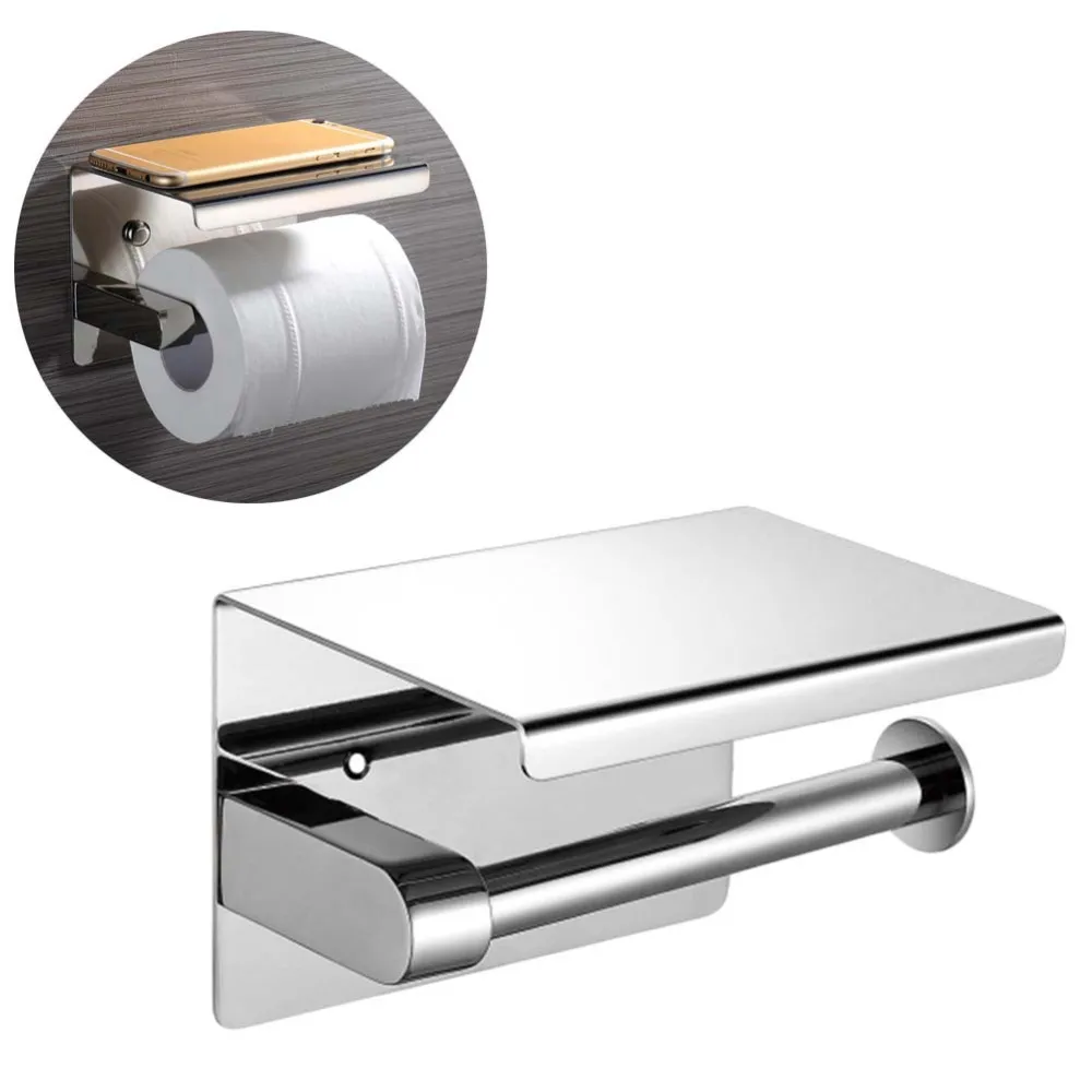

304 Stainless Steel Wall Mount Bathroom Tissue Holder With Shelf Rack