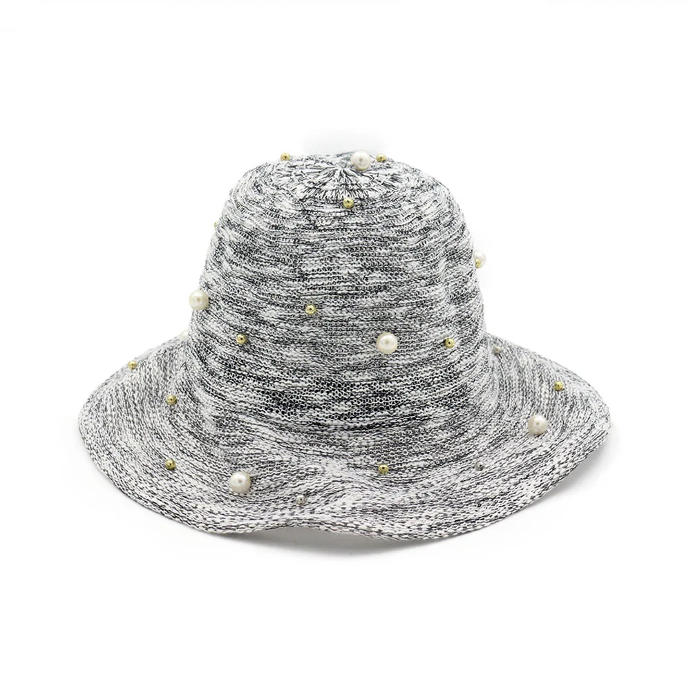 

New Korean style women's hat beaded basin hat foldable sun hat fashion all-match pearl fisherman hat