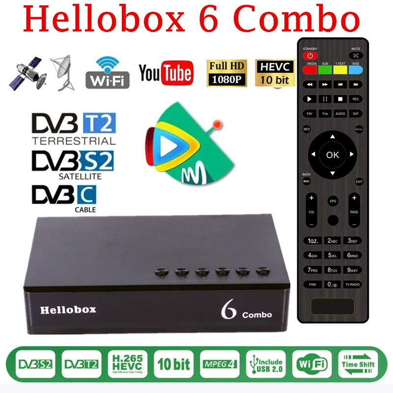 

Hellobox 6 Combo Satellite Receiver H.265 DVB S2X DVB-T2 DVB-C Support Cline Newcamd Scam+ Auto Biss Auto Powervu Set Top Box