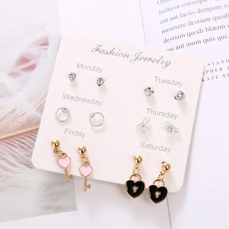 

New 6 Pairs Storage Ear Studs Cute Personalized Ear Studs Week Earrings Combination Accessories Fashion Jewelry