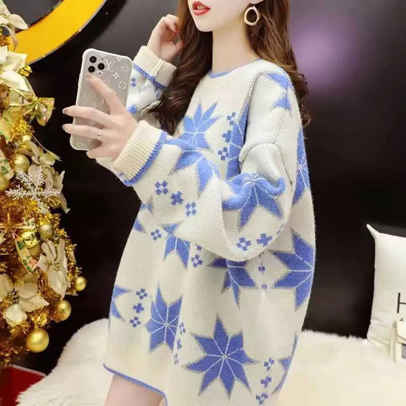 

Autumn And Winter Sweater Women Korean Version Of The New Loose Retro Ladies Round Neck Long-sleeved Pullover Knit Top