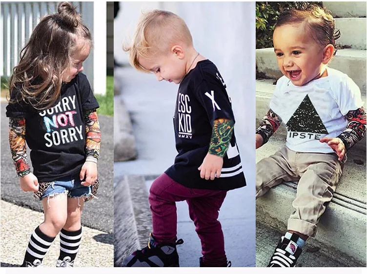 Футболки с длинным рукавом татуировкой для мальчиков и девочек обувь рукава