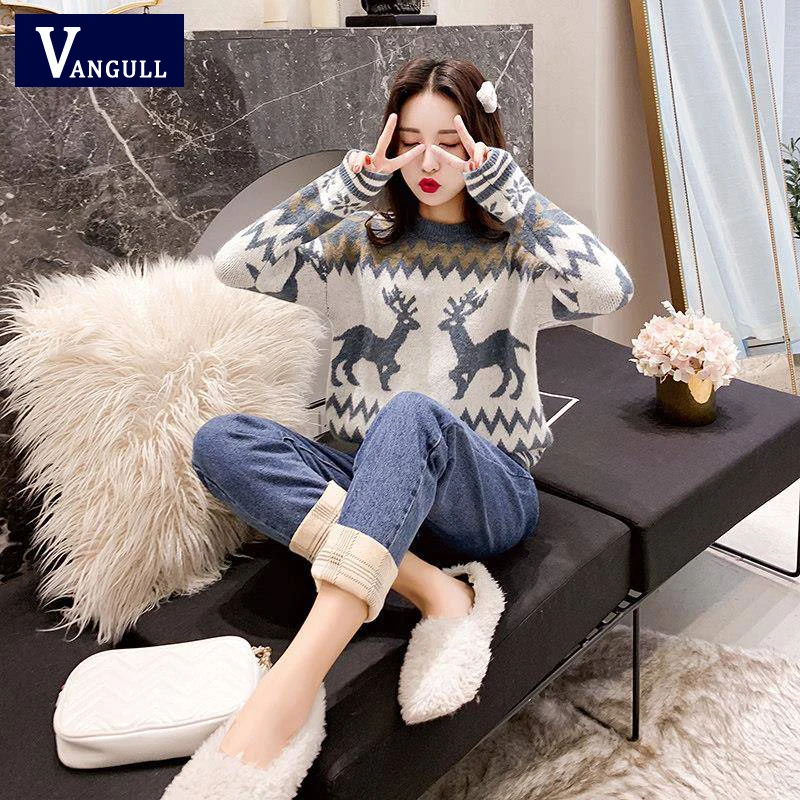 Vangull Christmas Knitted Sweaters Classic Deer Printed Xmas O-neck Pullover Women Loose Casual Tops Lady Winter Warm Streetwear | Женская
