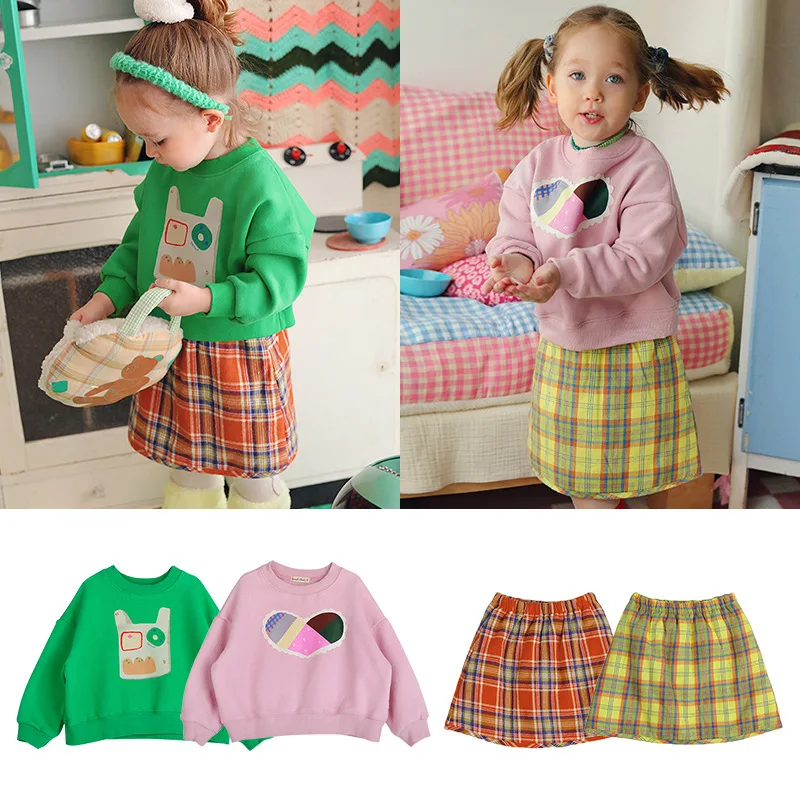 

2021 корейский популярный цветной хлопковый бархатный свитер для девочек AM-образный костюм с юбкой до локтя свитшот для девочек