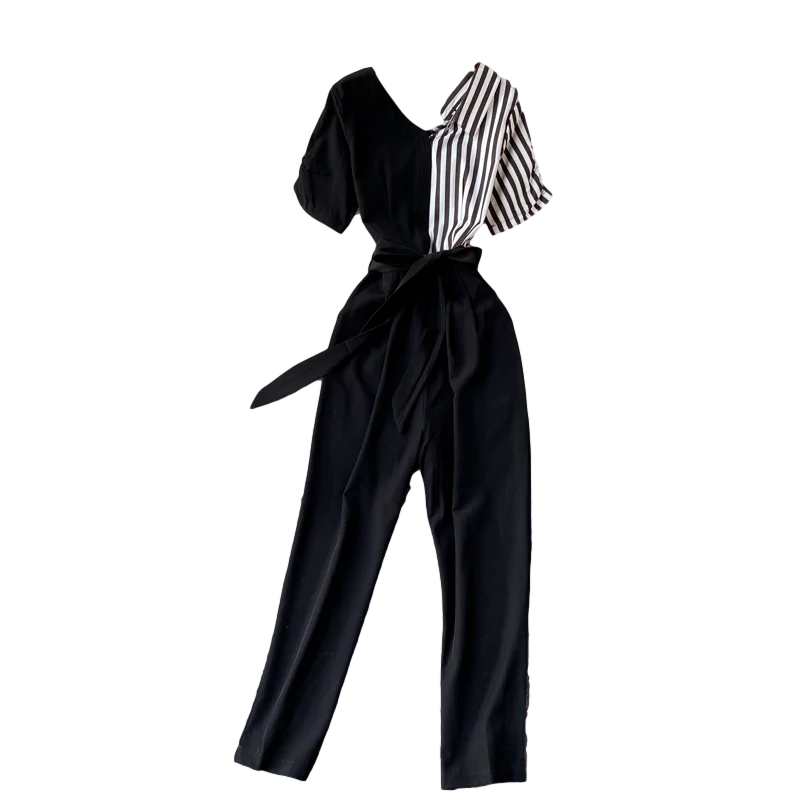 

Spring New Vertical Pattern Stitching One-piece V-neck Short-sleeved Lace-up Slimming OL Temperament Wide-leg Pants C591