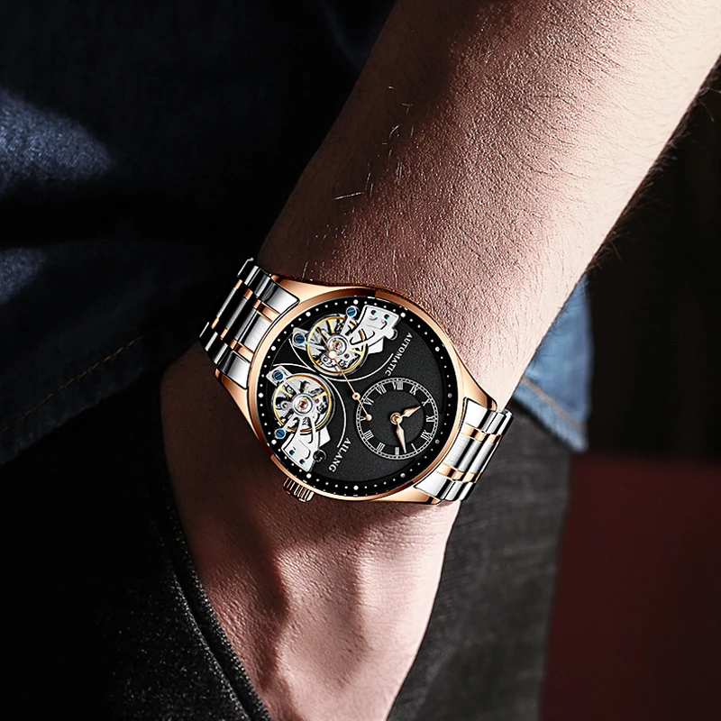 

AILANG Men's Mechanical Watch Stainless Steel Automatic Double Tourbillon Black Dial Sports Waterproof Business Genuine Watch