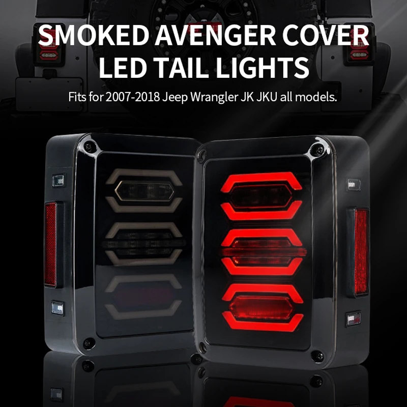 For 2007-2018 Jeep Wrangler JK Rear LED Avengers Smoked Tail Lights W/Brake Reverse Turn Lamp