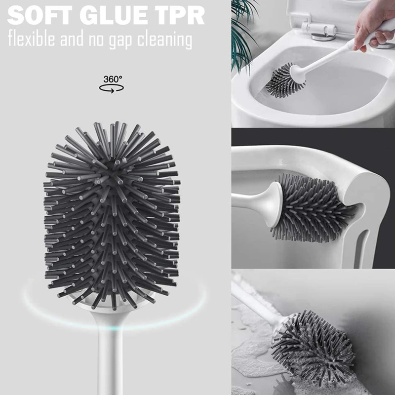 

SHGO HOT-Silicone Toilet Brush with Holder Set Soft Silicone Bristle Bathroom Toilet Bowl Brushes Set Non-Slip Handle with TPR S