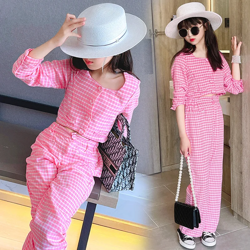 

Autumn Girls Clothing Sets Young Children Pink Plaid 2pcs Suit Kids Clothes Girl High Waist Wide Leg Pants Sets Teen Tracksuit