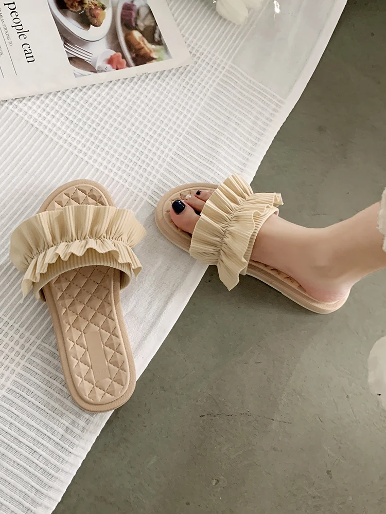 

Beach Shoes Ladies' Slippers Slipers Women Fringe Luxury Slides Sabot 2021 Designer Flat Cotton Fabric Basic Rubber PU Fashion