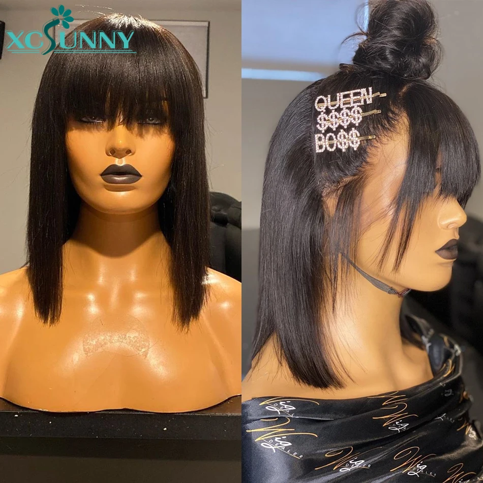 Короткий парик Боб с челкой 13x6 парики из человеческих волос кружевом спереди