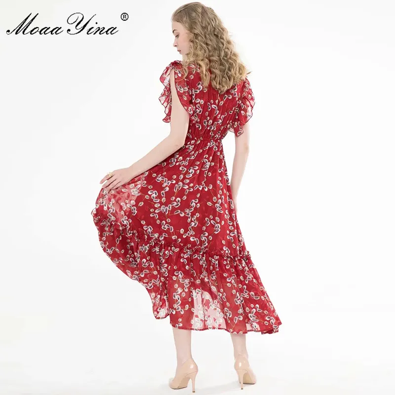 

MoaaYina Fashion Designer Dress Summer Women dress Stand collar Ruffles Floral Print Elastic waist Dress