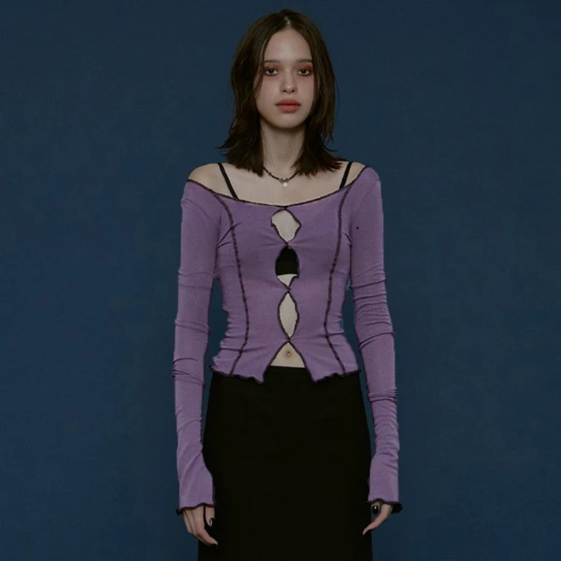 Punk Style Off Shoulder T-Shirts Womem Long Sleeve Striped Line Strap Tees Hollow Patch Split Crop Top Girls Street Clothes | Женская