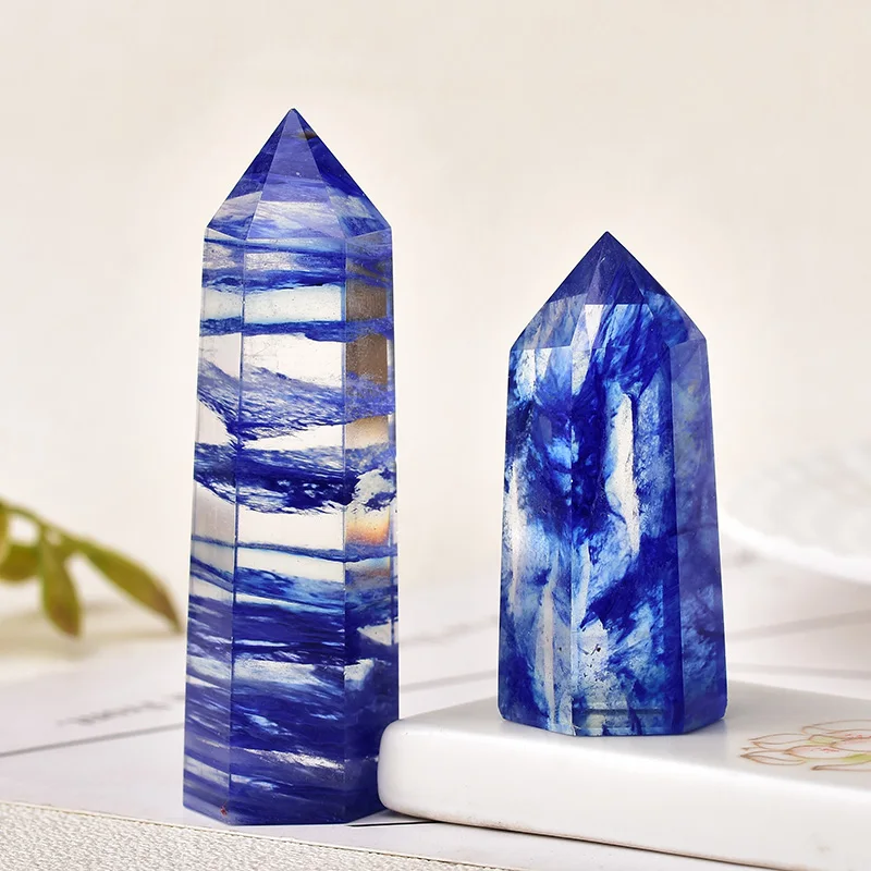 

1PC Natural Blue Melting Crystal Point Hexagonal Artificial Crystal Pillar Mineral Jewelry Magic Repair Healing Home Decoration