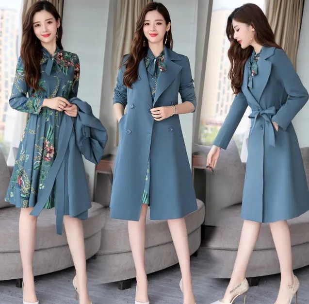 Женский офисный костюм из 2 предметов розовое черное синее платье тренчкот и