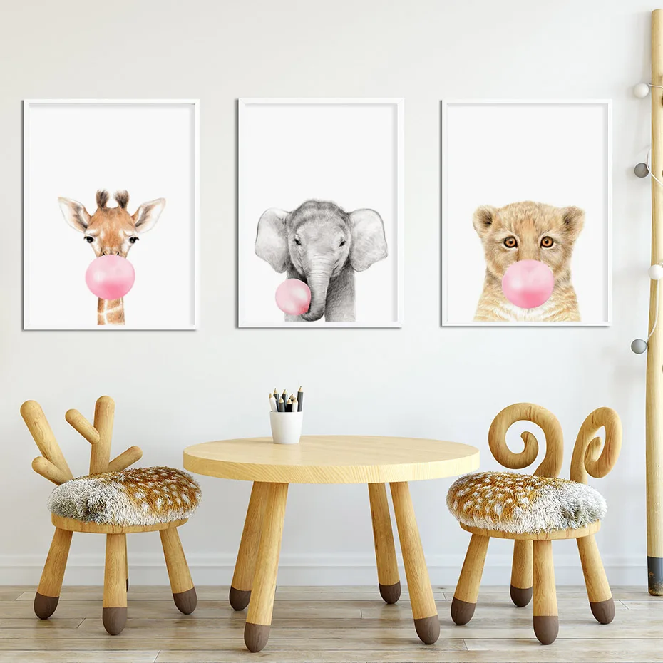 

Cute Animal Giraffe Elephant Pink Balloon Canvas Painting Nursery Wall Art Prints Poster Decorations for Home Kids Bedroom Decor