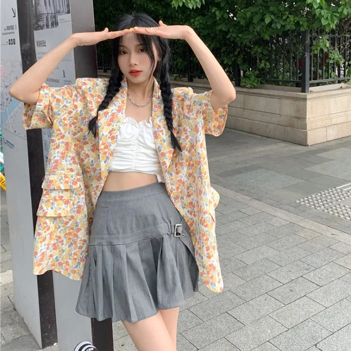

Korean Style Summer Retro Women's Clothing Cardigan Short Sleeve Loose All-Match Floral Shirt Thin Suit Coat Top Woman Jacket