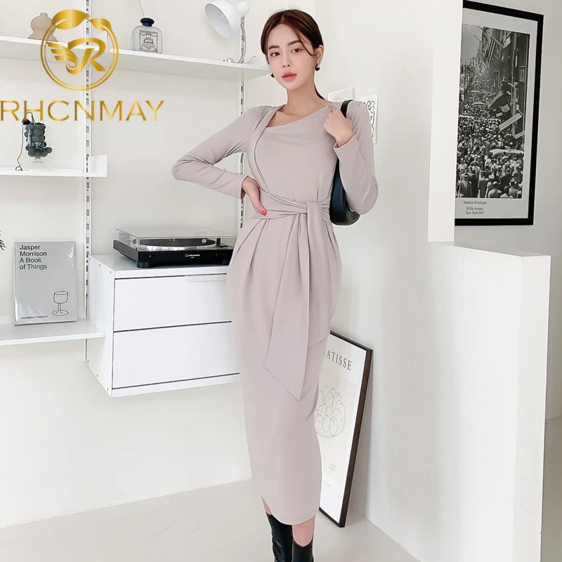 

New High Quality Bandage Gathered Dress Front Knot Knitted Casual Autumn Dress Women Long Sleeve Solid Color Travel Midi Dress