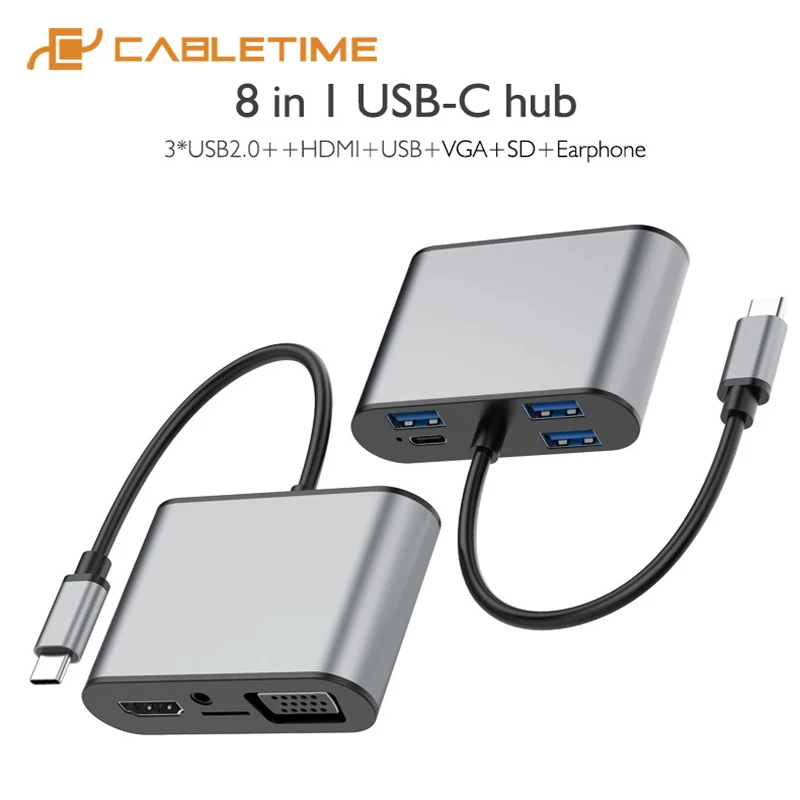 Кабель 8 в 1 USB HUB Type C к HDMI 4K VGA 3 0 5 Гбит/с мм Aux порт для Macbook Pro ноутбука Lenovo H10|USB-хабы| |