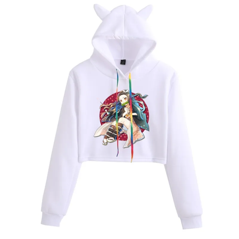 

Demon Slayer Sexy Print Hoodies Women 2021 Funny Cat ear Crop Top Kawaii Sweatshirt Hoodies Kimetsu no Yaiba Clothes Plus Size