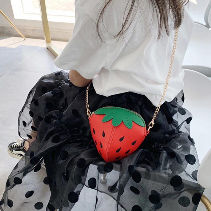

Girl Cute Strawberry Leather Chain Crossbody Bags Children Shoulder chain Bags fashion leather Fruit shape small bag