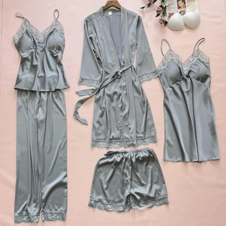 Комплект женский атласный с кружевной отделкой пикантная ночная рубашка кимоно
