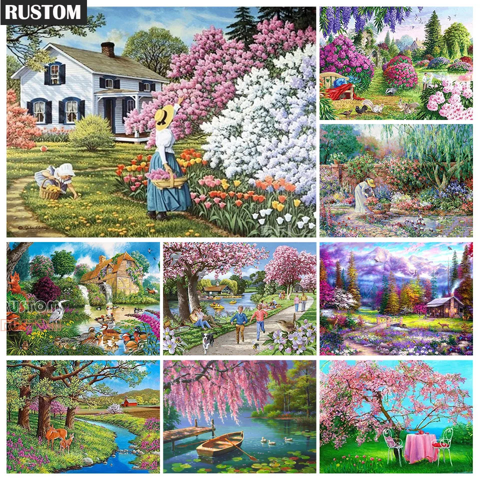 

RUSTOM 5D DIY Diamond Painting Landscape Manor Spring Diamond Cross Stitch Set Diamond Mosaic Art Picture Mural Home Decoration