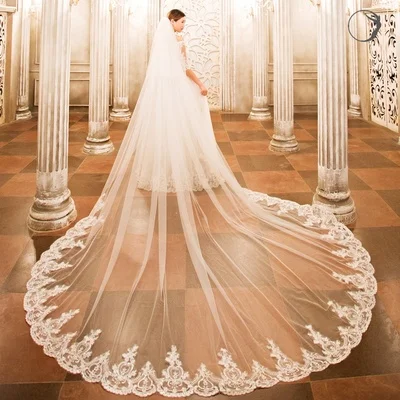 Настоящая фотография 3 м один Слои Свадебная Фата с расческой Белый Кружевной
