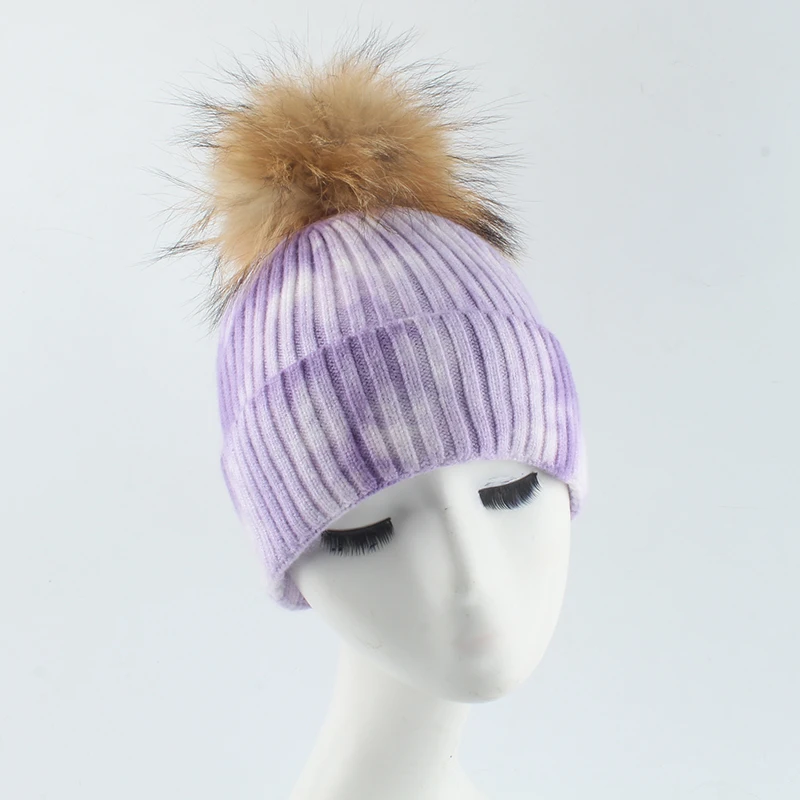 

Real Fur Pompom Wool Hat Winter Luxury Brand Womens Hat Tie Dye Color Print knitted Beanies Bonnets For Women Hip Hop Caps
