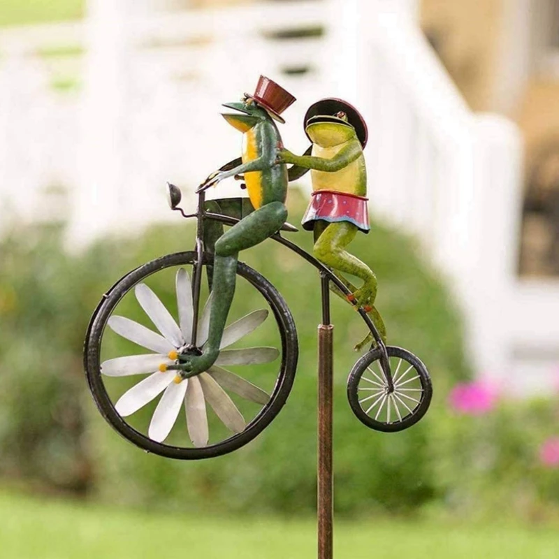 

Vintage Wrought Iron Frog Riding Bicycle Wind Spinner with Standing Rod Animal Motorcycle Garden Pile Windmill for Statue