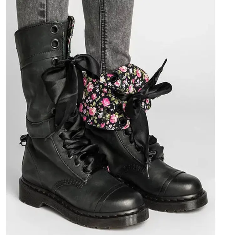 

New Large Size Women's Martin Boots Mid-to-high Tube Straps Flat Boots Military Boots Female Casual Low Heels Leather Boots