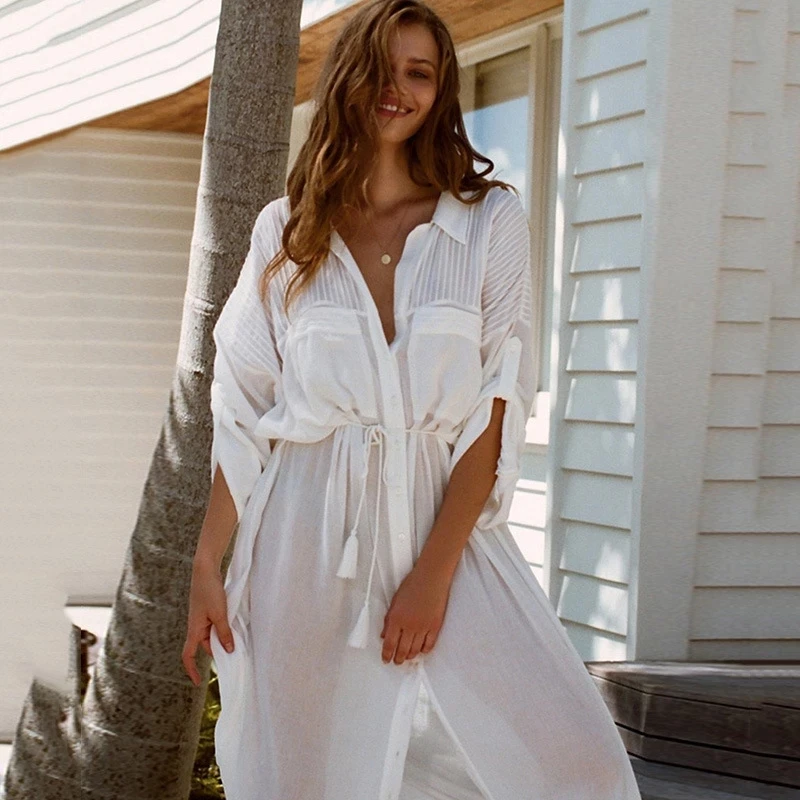 

New Man Cotton Buttoned Belt Shirt Beach Skirt Vacation Long Bikini Outer Cover Shirt Sunscreen Cardigan