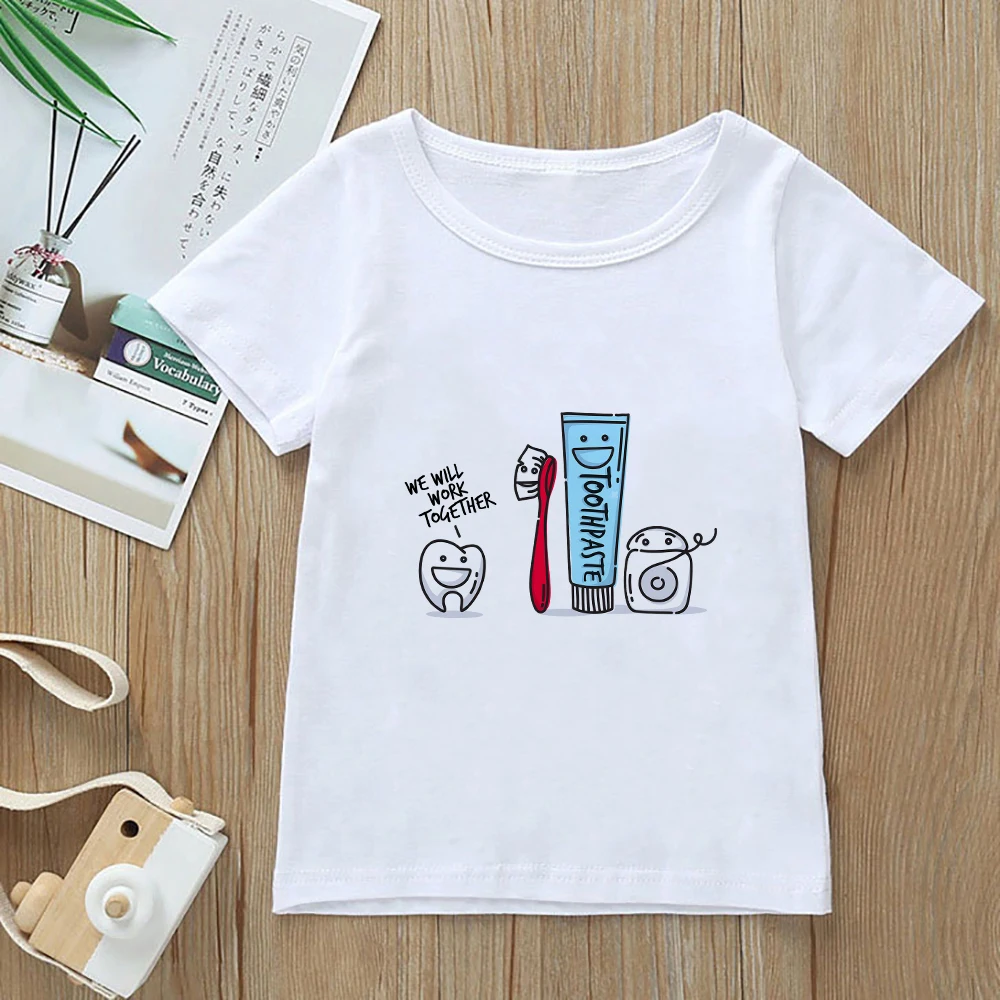 

Cute Cartoon Printed Girls Boys T-shirt Creative Design Tooth Kawaii Kids Tees Summer Casual Soft Aesthetic Girl Clothes O-neck