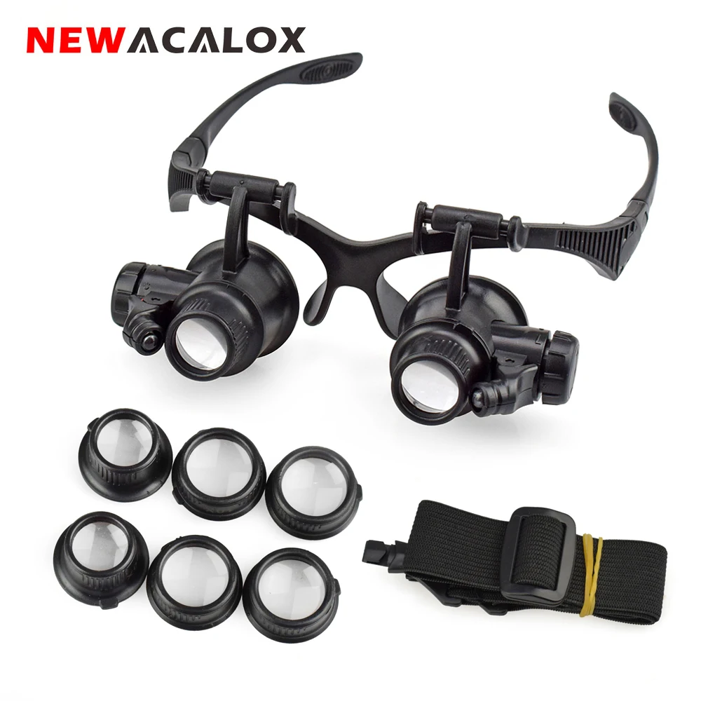 NEWACALOX 10X 15X 20X 25X Portable Head Wearing Magnifying Glass Double Eye for Jewelry Watch Repair Tools with 2 LED/8 Lens