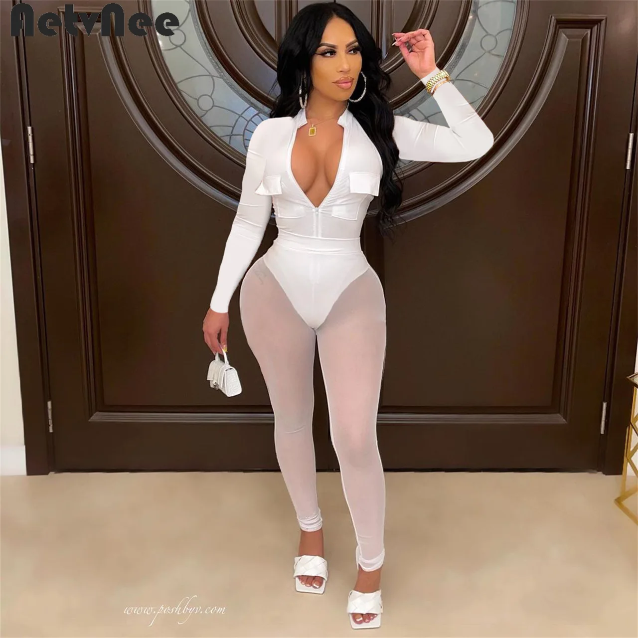 

Женский комплект из двух предметов AetvNee, однотонный боди на молнии и прозрачные эластичные брюки из газовой ткани, сексуальные наряды для ве...