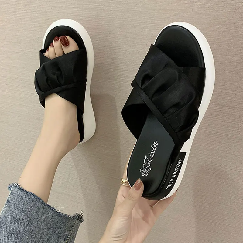 

Shoes Woman 2021 Slippers Flat Platform Low Luxury Slides Pantofle Soft Designer New Basic Fashion PU Fretwork Rubber Slippers C