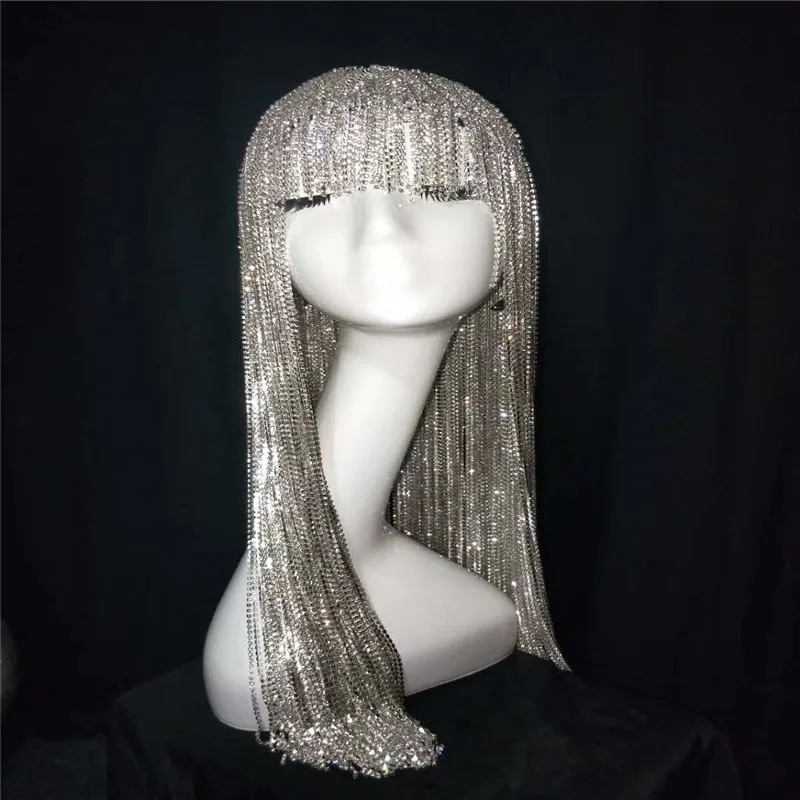 

H57 Glass Diamond Chain Headwear Handmade Wig Long Hair Party Show Club Decoration Pole Dancer Singer Performance Drill Female F
