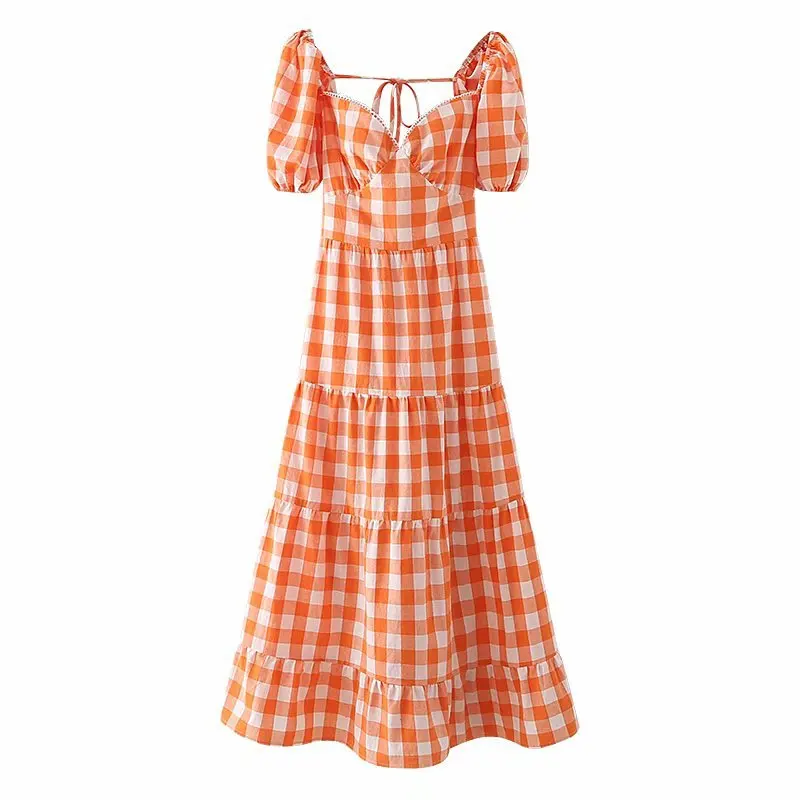 

Elegant Orange Plaid Long Maxi Dress Women 2021 Summer Backless Sexy Dress Fashion Sundress Party Dress Club Outfit