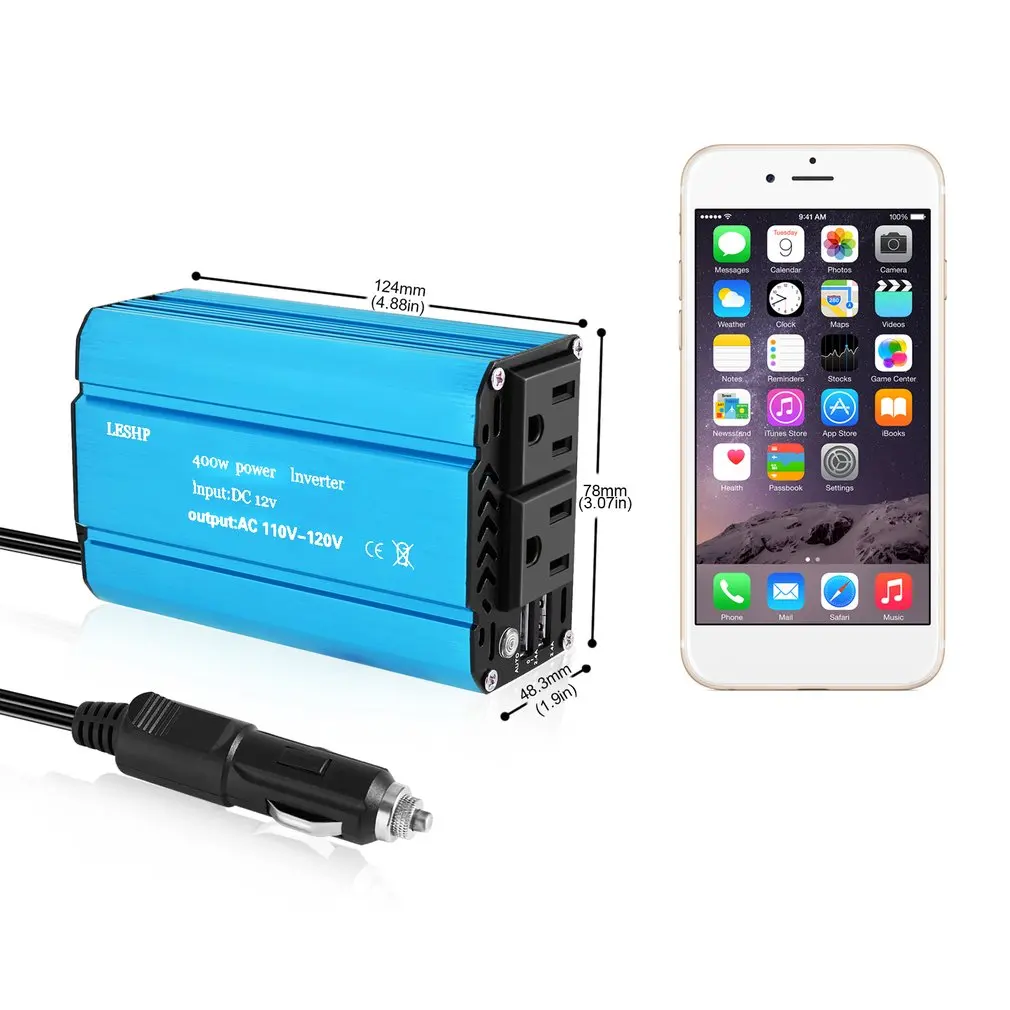 

Leshp Compact 400W Car Power Inverter Dc 12V To 110V Ac Dual Usb Charging Ports With Car Charger Portable Converter
