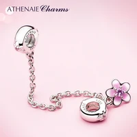 athenaie 925 sterling silver pink cz and enamel cherry flower safety chain charms diy beads fit women charm bracelet
