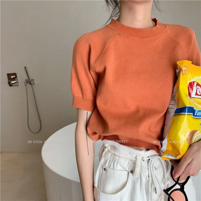 

Internet Celebrity Dirty Orange T-shirt Women's Short Sleeve 2020 Summer Korean Style Ins Trendy Solid Color Bottoming Shirt
