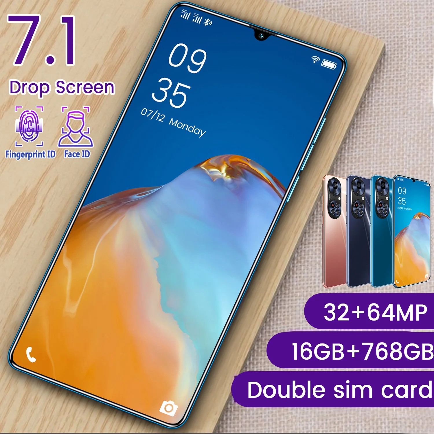 

2021 New Arrival P50 Pro+ 7.1Inch Drop Screen 16+768GB Flash Memory MTK6598 10Core 32+64MP Finger Face ID Dual SIM Android10