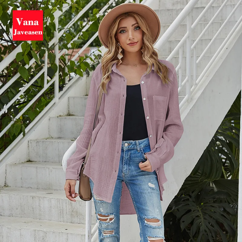 

Solid Color Lightweight Long Shirts Women Tops Turn-down Collar Single Breasted Pocket Design Office Lady Loose Shirts Chemise