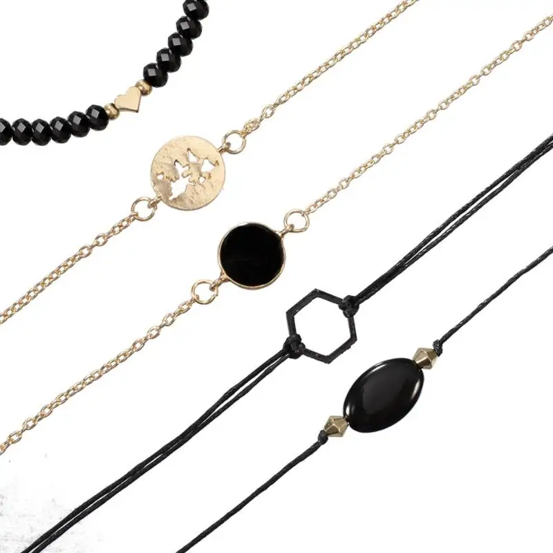 Набор женских многослойных браслетов ручной работы из черных бусин 5 шт. |