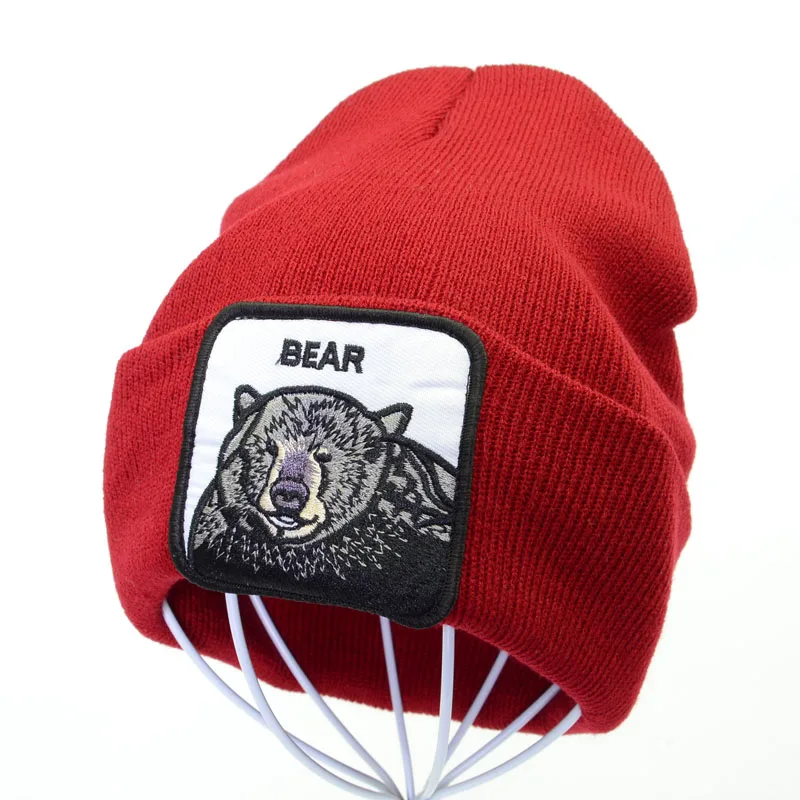 Вязаная Шапка-бини с вышивкой медведя Мужская однотонная осенне-зимняя вязаная