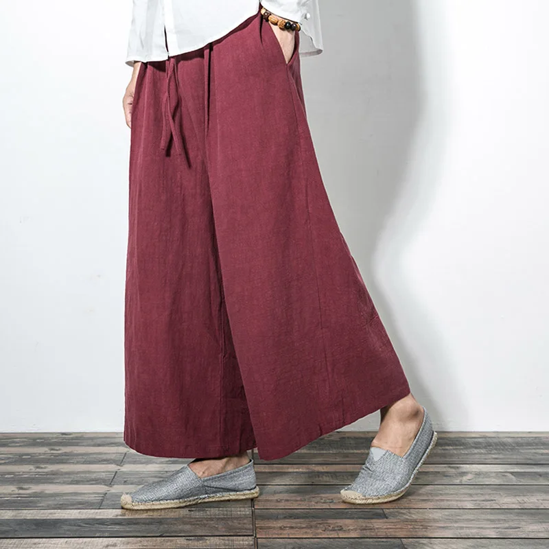 Брюки-кимоно мужские/женские из хлопка и льна повседневные штаны с широкими