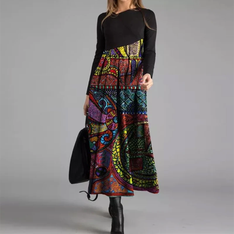 

Vintage Retro Leopard Stripe Patchwork Dress Women Long Sleeve Casual Streetwear A-line Dress Vestidos